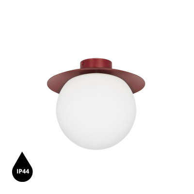Lampa sufitowa plafon KUUL C burgundowe mocowanie i biała szklana kula z podwyższoną szczelnością IP44 UMMO 24h