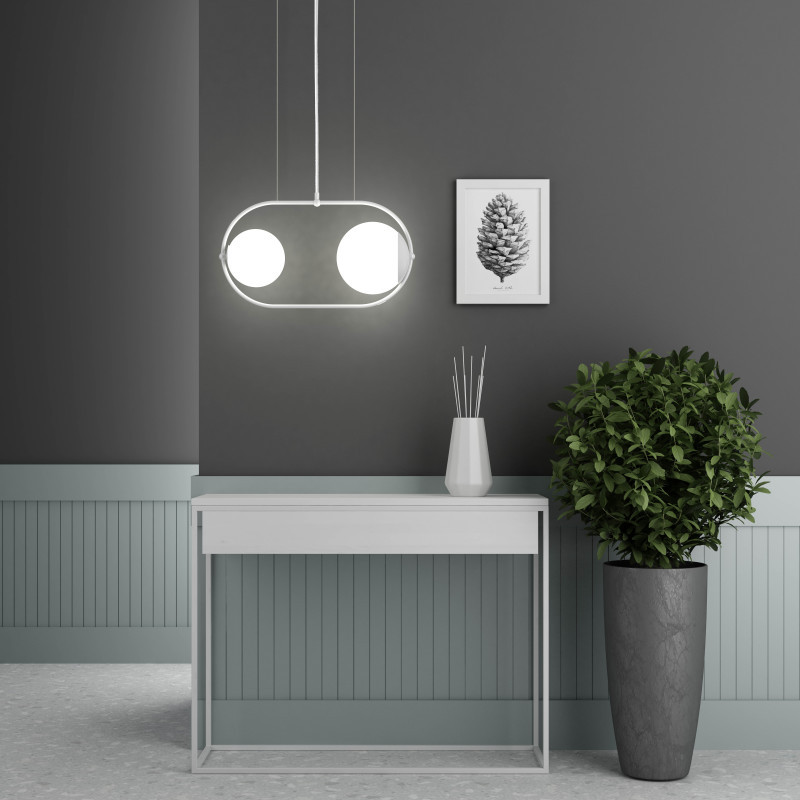 KOBAN A double ceiling hanging lamp, white oval frame and white glass shades with increased tightness IP44 UMMO