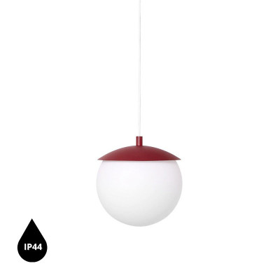 Sufitowa lampa wisząca KUUL G burgundowe mocowanie i biała szklana średnia kula z podwyższoną szczelnością IP44 UMMO 24h