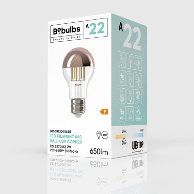 Przezroczysta żarówka LED A-Line z miedzianą powłoką A60 E27 7W 2700K 650lm ściemnialna Bebulbs
