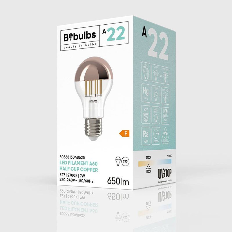 Transparent A-Line LED bulb with copper coating A60 E27 7W 2700K 650lm dimmable Bebulbs