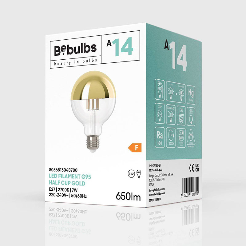 Przezroczysta żarówka LED A-Line ze złotą powłoką G95 E27 7W 2700K 650lm ściemnialna Bebulbs