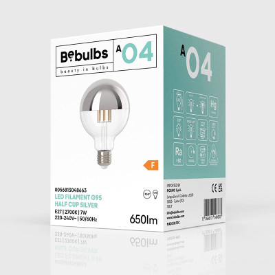 Transparent A-Line LED bulb with silver coating G95 E27 7W 2700K 650lm dimmable Bebulbs