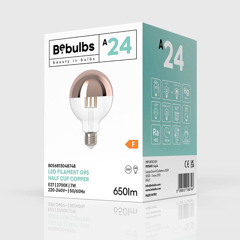 Transparent A-Line LED bulb with copper coating G95 E27 7W 2700K 650lm dimmable Bebulbs