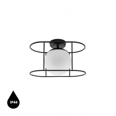 Lampa sufitowa plafon KUGLO A czarny stelaż i biała szklana kula z podwyższoną szczelnością IP44 UMMO