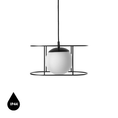 Sufitowa lampa wisząca KUGLO B czarny stelaż i biała szklana kula z podwyższoną szczelnością IP44 UMMO