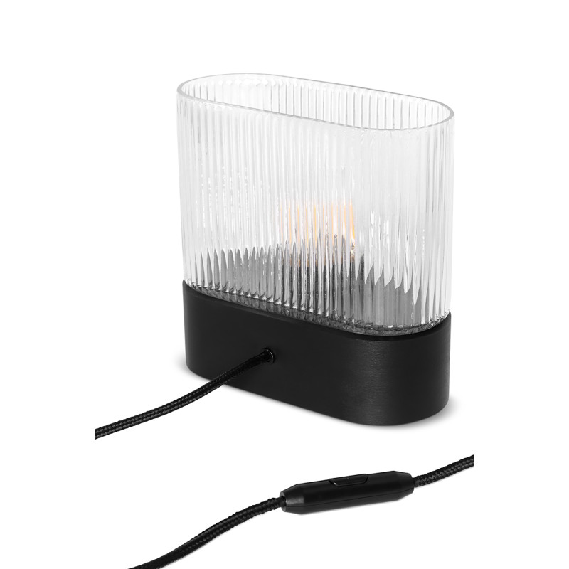 Black FLUMINA ST table lamp with a grooved shade and a wooden base UMMO