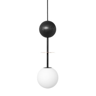 Hanging lamp OIO A black with a wooden ball and a decorative brass element UMMO