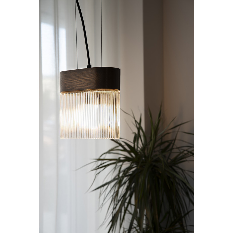Black FLUMINA A hanging lamp with a grooved shade and a wooden base UMMO