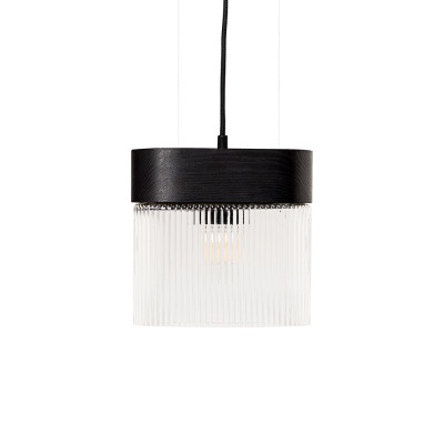 Czarna lampa wisząca FLUMINA A z ryflowanym kloszem i drewnianą podstawą UMMO