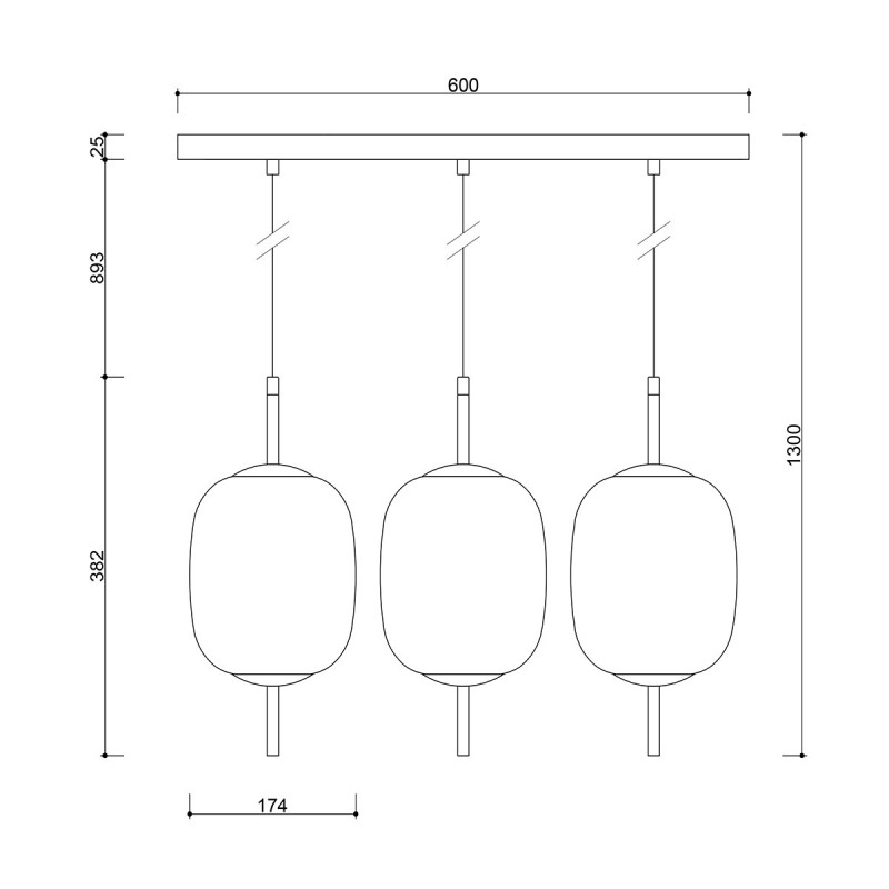Triple ceiling hanging lamp EPLI mini 3L with a black strip and small white UMMO lampshades