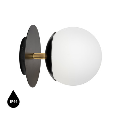Black wall lamp PLAAT C black sconce with disk, glass shade and brass detail IP44 UMMO