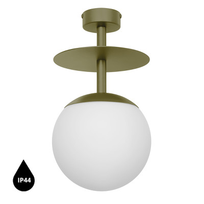Oliwkowa lampa przysufitowa PLAAT B plafon z dyskiem i szklanym kloszem z podwyższoną szczelnością IP44 UMMO 24h