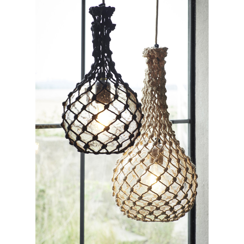 Lampa wisząca boho Jute Net z kloszem w oplocie z czarnej juty Madam Stoltz