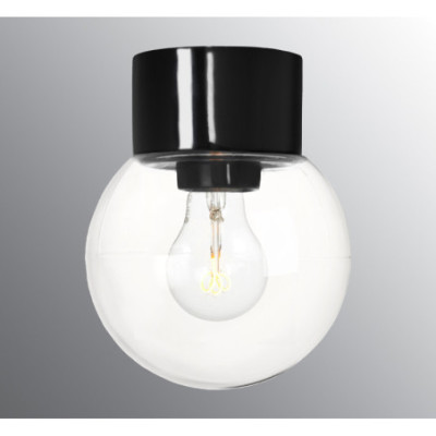Czarna lampa sufitowa, ścienna Classic Globe 150 E27, max 75W, porcelanowa oprawa IP54 z przezroczystym kloszem Ifö Electric