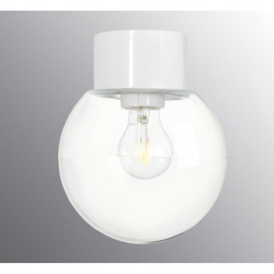 White Ceiling and Wall Light Classic Globe 180 E27, max. 75 W, Porcelain Light IP54 with Clear Glass Shade Ifö Electric