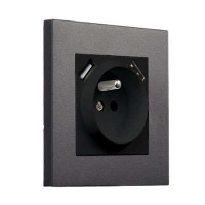 Metalowe podtynkowe gniazdo z bolcem + 2x USB - czarny Togglica Alkri