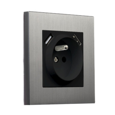Metalowe podtynkowe gniazdo z bolcem + 2x USB - szczotkowany nikiel Togglica Alkri