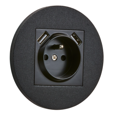 Alkri Togglica Matt Black Round Flush French Socket + 2 USB