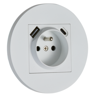 Alkri Togglica Matt White Round Flush French Socket + USB-A + USB-C
