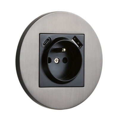 Alkri Togglica Brushed Graphite Round Flush French Socket + USB-A + USB-C