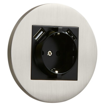 Metalowe okrągłe podtynkowe gniazdo schuko + 2x USB - nikiel szczotkowany Togglica Alkri