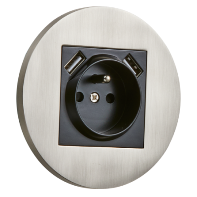 Alkri Togglica Brushed Nickel Round Flush French Socket + 2 USB