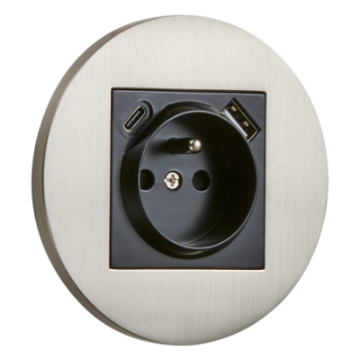 Alkri Togglica Brushed Nickel Round Flush French Socket + USB-A + USB-C