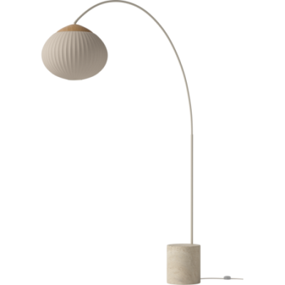 Lampa podłogowa Acorn - kremowa z piaskową tkaniną, detalem z dębiny i podst. z piaskowego trawertynu Bolia