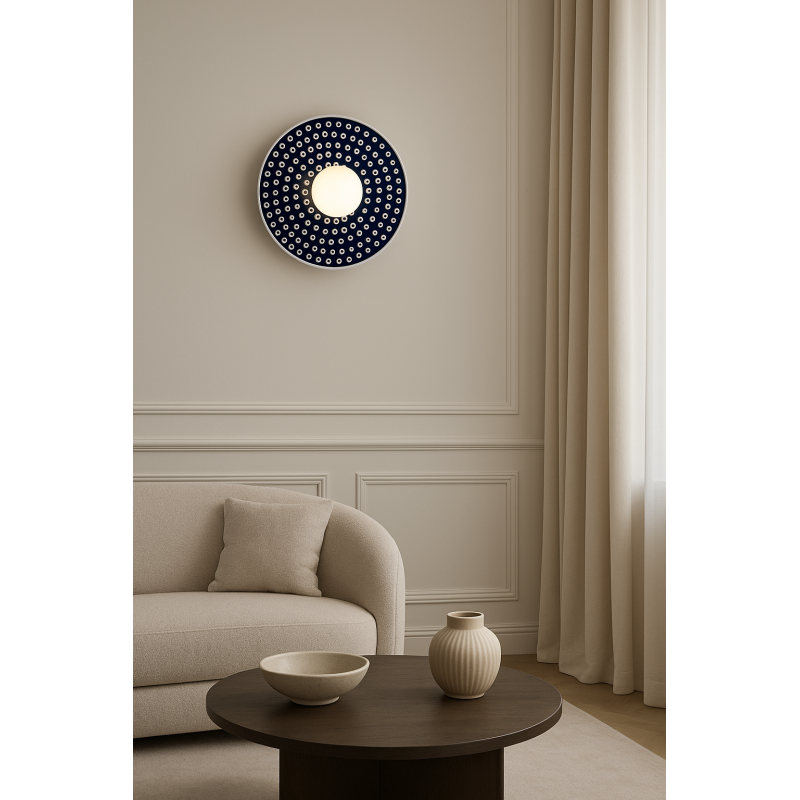Argon x Bolesławiec BOLL Navy Blue Ceramic Wall Light with Opal Glass
