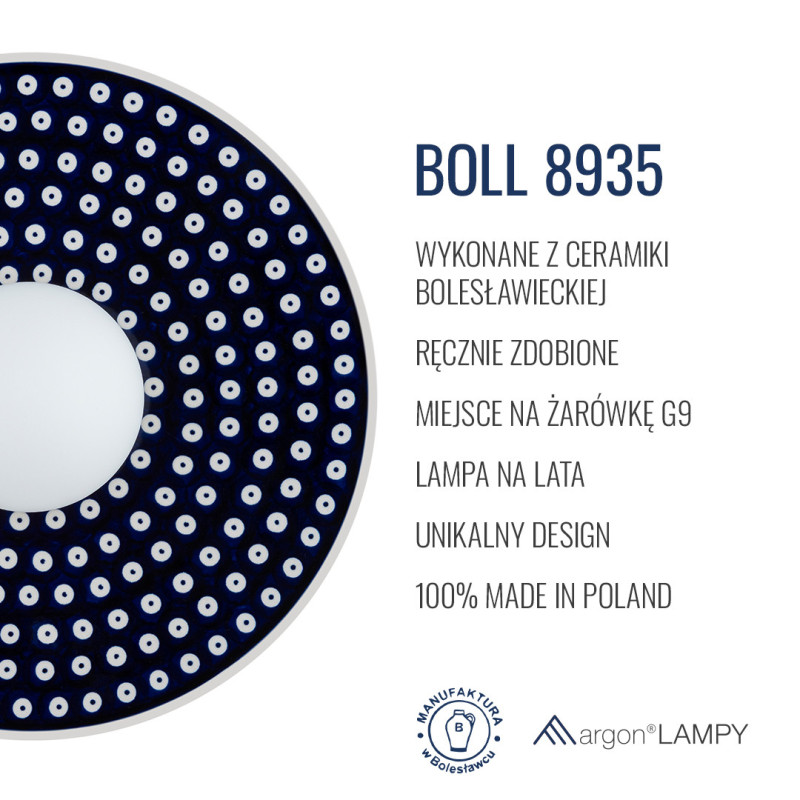 Argon x Bolesławiec BOLL Navy Blue Ceramic Wall Light with Opal Glass