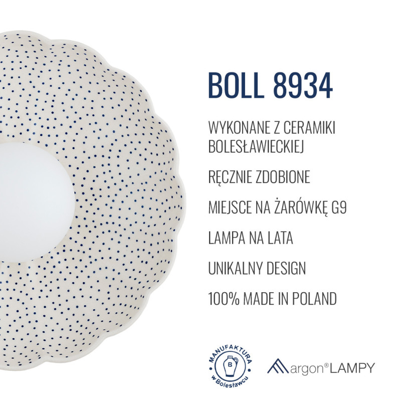 Biały ceramiczny kinkiet BOLL w kształcie muszli z mlecznym kloszem Argon x Bolesławiec