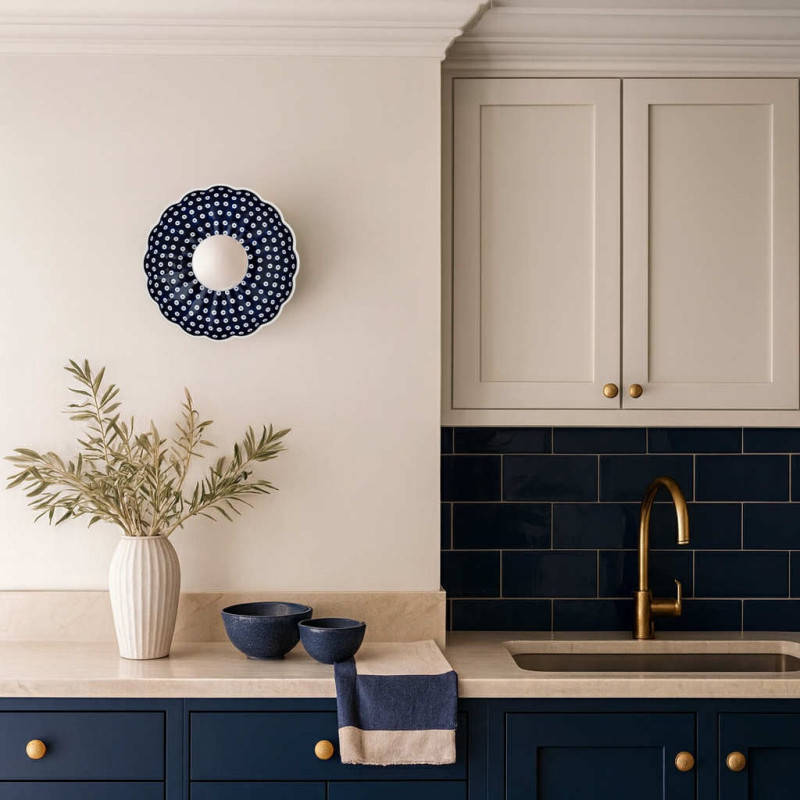 Argon x Bolesławiec BOLL Navy Blue Shell Ceramic Wall Light with Opal Glass