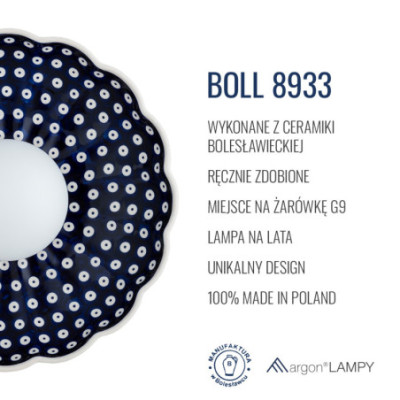 Granatowy ceramiczny kinkiet BOLL w kształcie muszli z mlecznym kloszem Argon x Bolesławiec