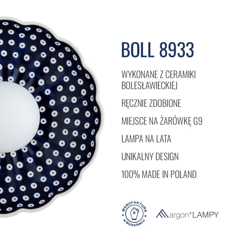 Argon x Bolesławiec BOLL Navy Blue Shell Ceramic Wall Light with Opal Glass