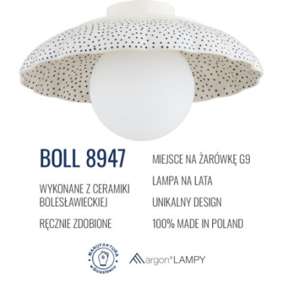 Biała ceramiczna lampa wisząca BOLL w kształcie muszli z mlecznym kloszem Argon x Bolesławiec
