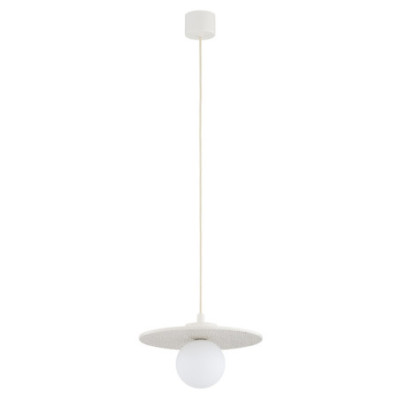 Biała ceramiczna lampa wisząca BOLL płaska z mlecznym kloszem Argon x Bolesławiec