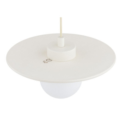 Biała ceramiczna lampa wisząca BOLL płaska z mlecznym kloszem Argon x Bolesławiec