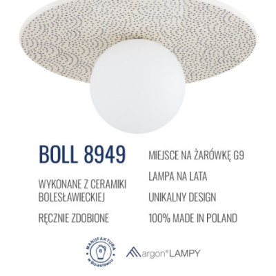 Biała ceramiczna lampa wisząca BOLL płaska z mlecznym kloszem Argon x Bolesławiec