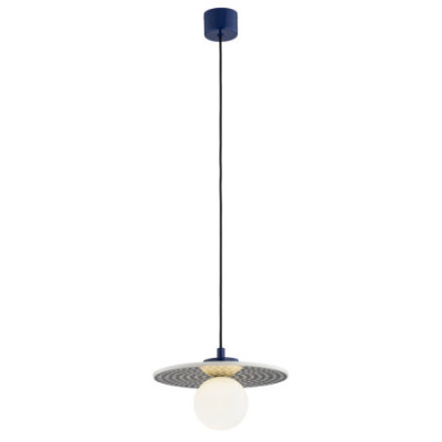 Niebieska ceramiczna lampa wisząca BOLL płaska z mlecznym kloszem Argon x Bolesławiec