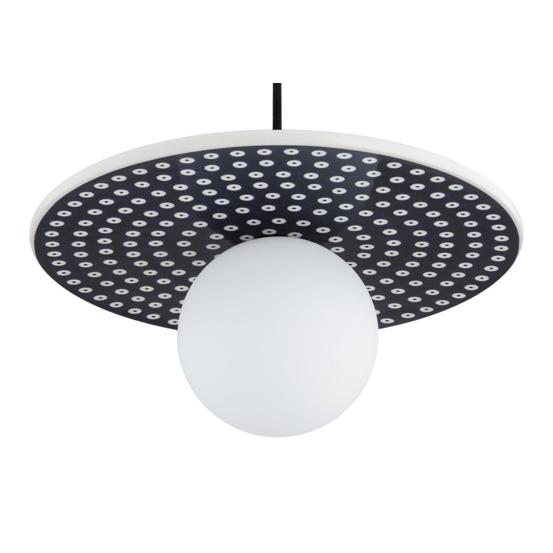 Niebieska ceramiczna lampa wisząca BOLL płaska z mlecznym kloszem Argon x Bolesławiec