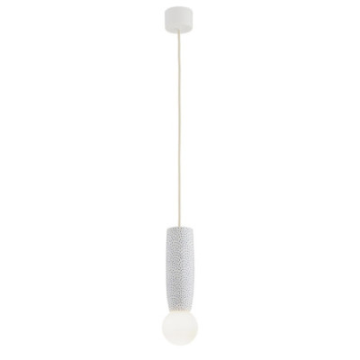 Biała ceramiczna lampa wisząca BOLL w stylu prowansalskim z mlecznym kloszem Argon x Bolesławiec