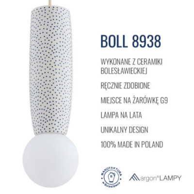 Argon x Bolesławiec BOLL White Provençal Ceramic Pendant Light with Opal Glass