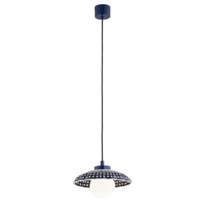 Granatowa ceramiczna lampa wisząca BOLL w kształcie muszli z mlecznym kloszem Argon x Bolesławiec
