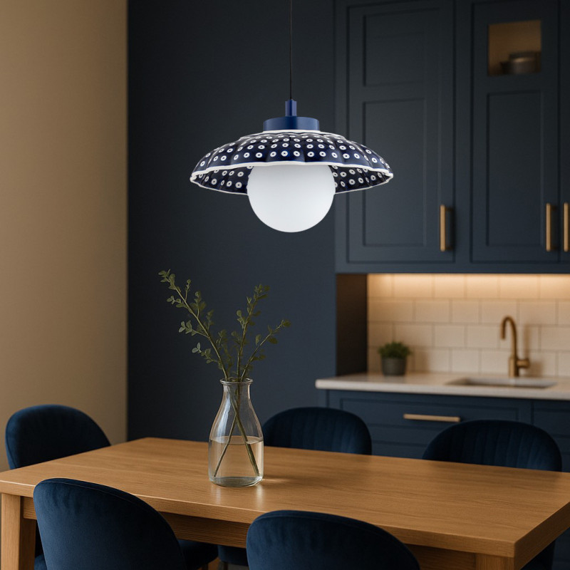 Granatowa ceramiczna lampa wisząca BOLL w kształcie muszli z mlecznym kloszem Argon x Bolesławiec