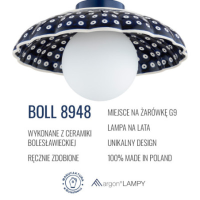 Argon x Bolesławiec BOLL Navy Blue Shell Ceramic Pendant Light with Opal Glass