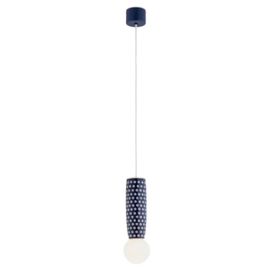 Granatowa ceramiczna lampa wisząca BOLL w stylu prowansalskim z mlecznym kloszem Argon x Bolesławiec