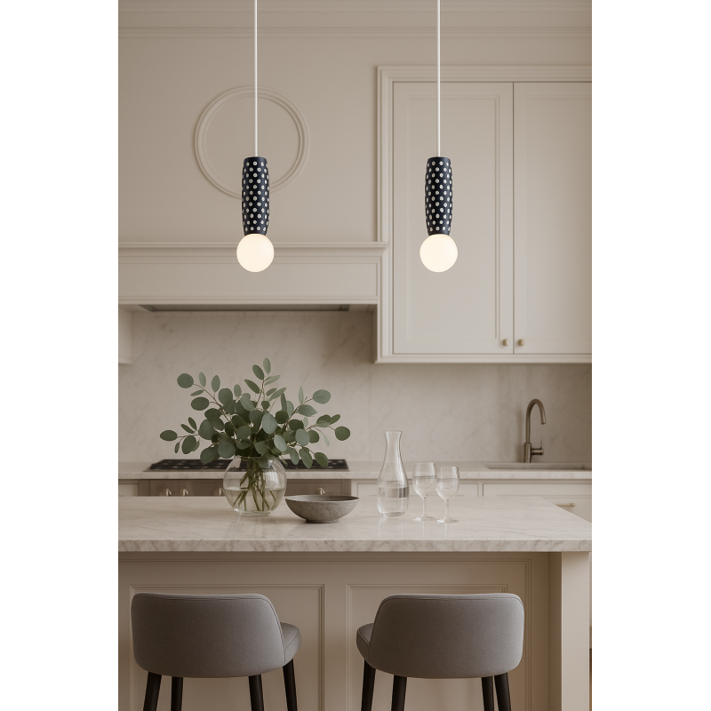 Argon x Bolesławiec BOLL Navy Blue Provençal Ceramic Pendant Light with Opal Glass