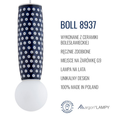 Granatowa ceramiczna lampa wisząca BOLL w stylu prowansalskim z mlecznym kloszem Argon x Bolesławiec