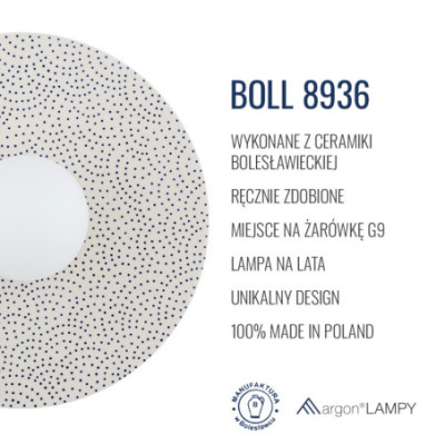 Biały ceramiczny kinkiet BOLL z mlecznym kloszem Argon x Bolesławiec